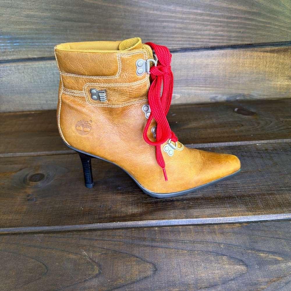 Timberland Y2K Special Edition Tan Leather Heeled Ankle Boots Women Size 9 M Vtg - Picture 10 of 11